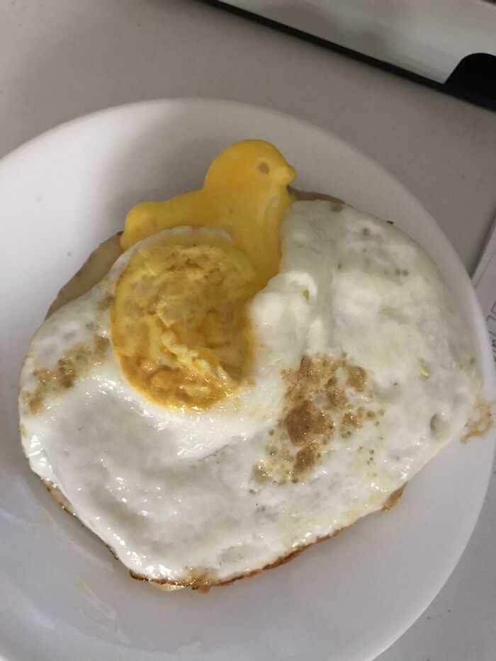 La yema derramada de mi huevo frito parece un pollito