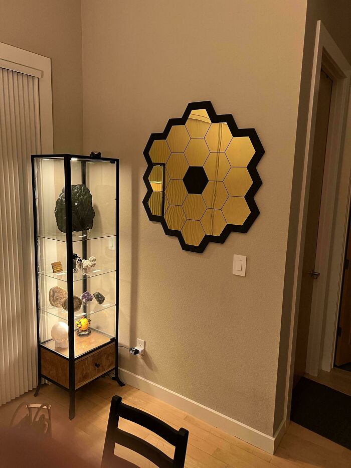 Some James Webb Wall Art I Made. Cut The Back Board And Hexagonal Recesses Out Of Mdf With A Cnc, Painted Black And Added Gold-Tinted Mirror Segments
