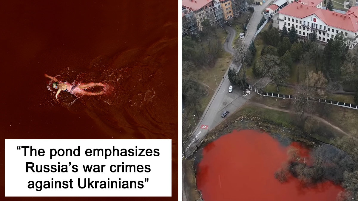 “Swimming Through”: We Dyed The Pond In Front Of The Russian Embassy In Lithuania So That It Looks Like Blood