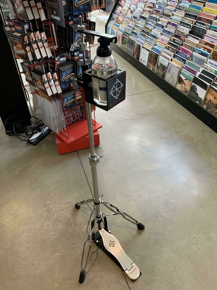 This Hi-Hat Stand Is Used As A Handsfree Sanitizer Dispenser