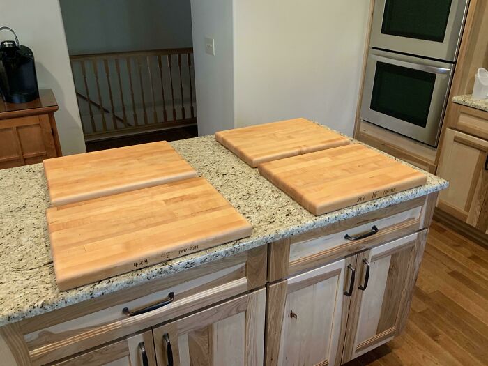 We Replaced The Butcher Block Top Of Our Island With Granite, So I Cut Out The Sections Where Each Of The Kids Ate Growing Up And Made Cutting Boards For Them