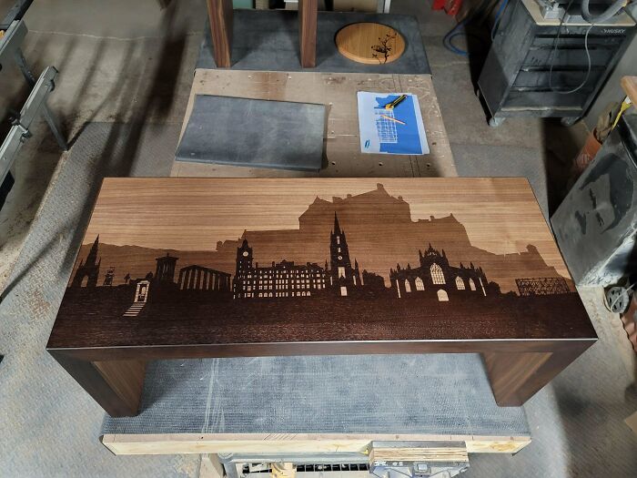 Coffee Table I Made For A Customer Featuring Landmarks From Her Home Town Of Edinburgh Scotland. Walnut With Wood-Stain Artwork