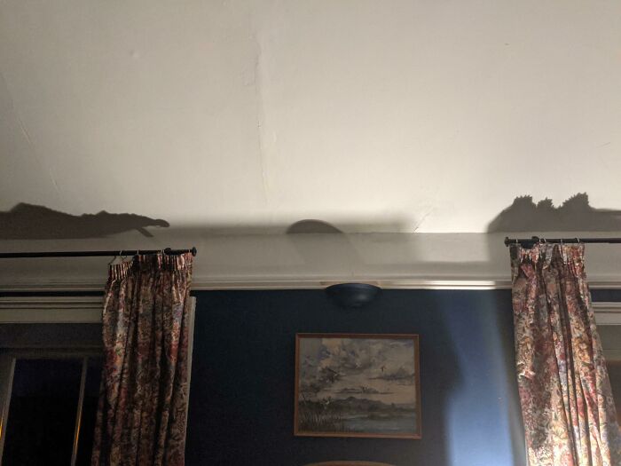 The Shadows Cast By The Curtains Look Like A Dragon On The Left Attacking A Village On The Right Curtain
