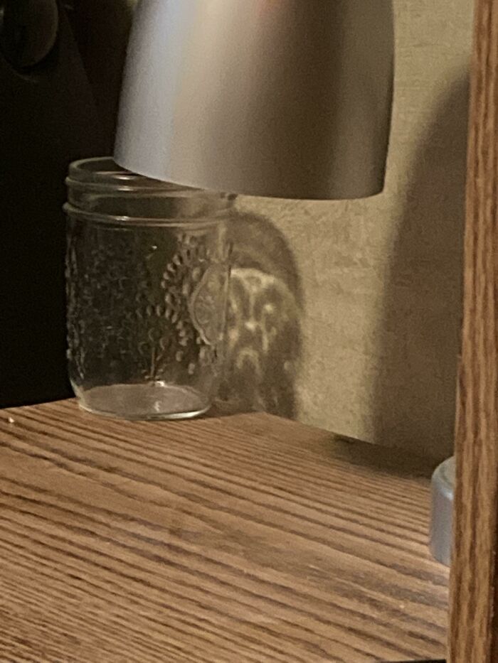 Shadow Coming Out Of Other Side Of Mason Jar Looks Like An Undead Pirate Or Something