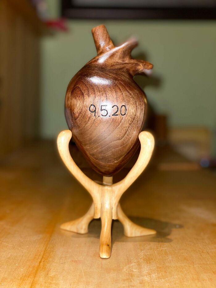 To Commemorate A Family Member Receiving A Heart Transplant. Walnut Heart, Maple Stand