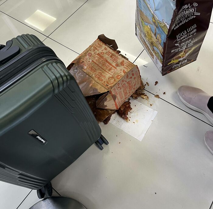Bought Fried Chicken At Airport Then As I Was Boarding, The Bag Ripped From Bottom Side And The Box Landed Upright At First But Ripped In The Same Manner When I Picked It Up