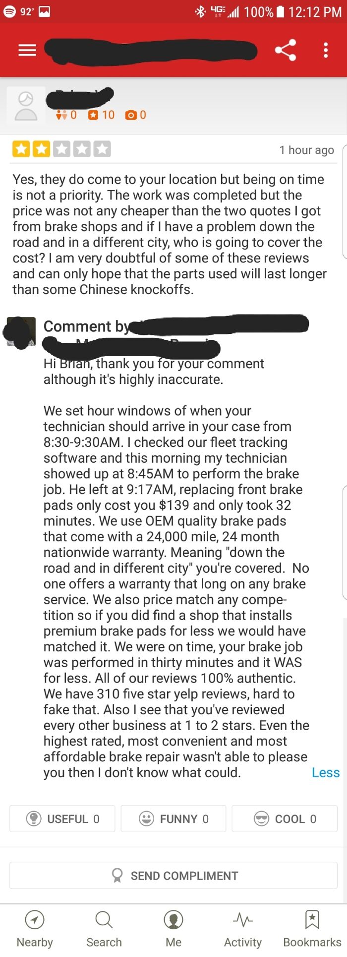 Yelper Isn't Happy With His Brake Repair Service, Is Called Out By The Owner Of The Company