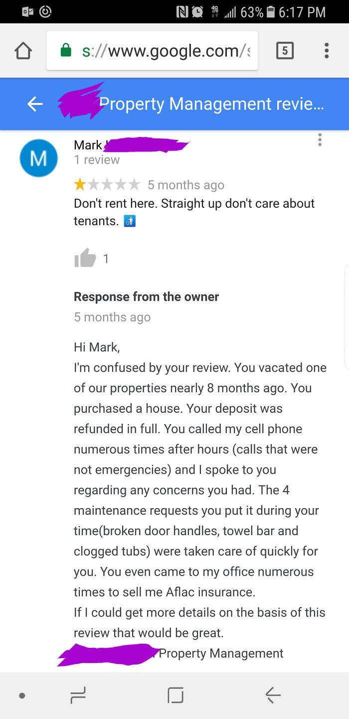 Owner Calls Out Bad Review Left By A Previous Tenant