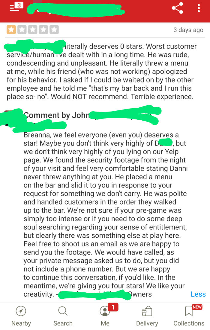 Lies About Bad Service On Yelp. Gets Called Out By Owners.