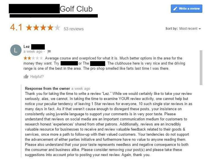 Golf Club Replies To Fake Two Star Review