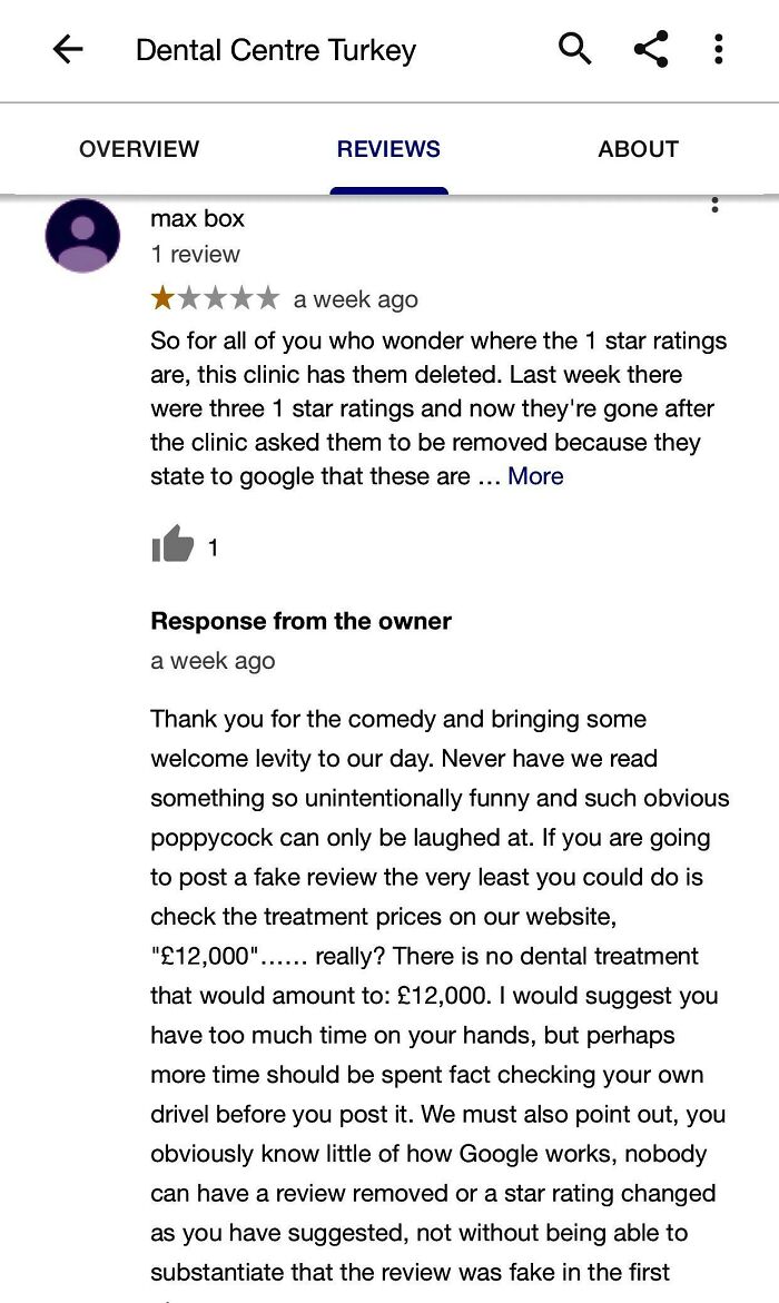 Guy Tries To Leave A Fake Google Review At A Turkish Dental Clinic With Very High Ratings, Gets Called Out.