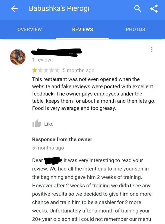 Restaurant Owner Responds To 1 Star Review