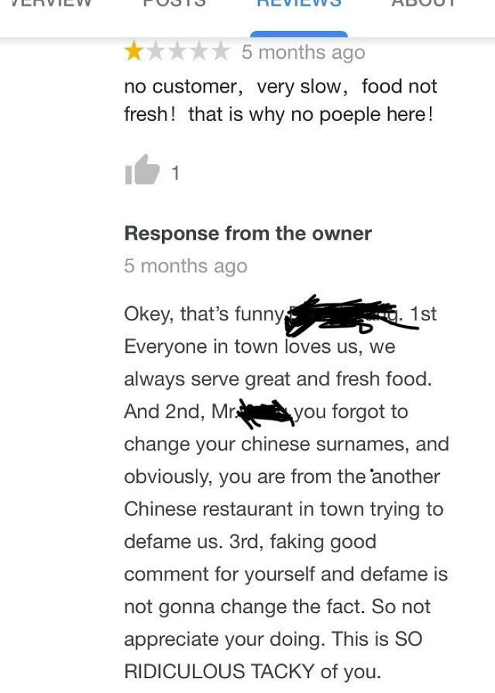 Rival Chinese Restaurant Called Out Leaving A Review