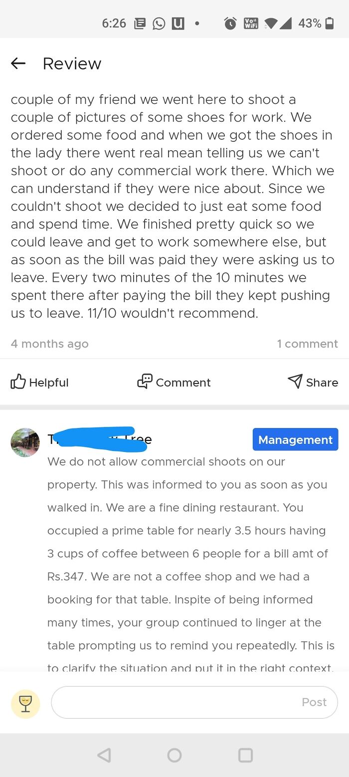 Customer Post A Bad Review On A Restaurant Only For The Owner To Call The Bullshit That They Tried To Do A Professional Photoshoot And Lingered Around For 3.5hrs Buying 3 Coffees For A Group Of 6!!!