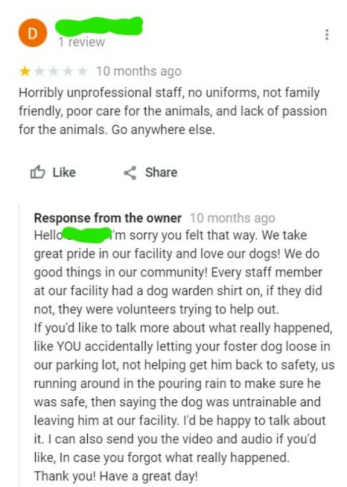 Someone Tried To Shit On The Local Dog Warden In A Google Review; Did Not Go Well.