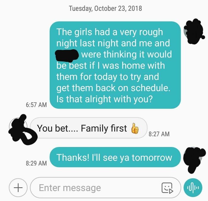 My 3 - Month - Old Twin Daughters Were Up All Night. Had To Call Out And My Boss Is Awesome