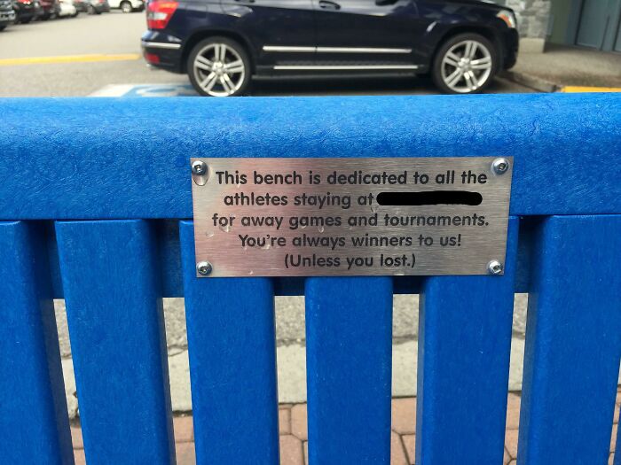 This Hotel's Bench Has A Very Honest Dedication Plaque