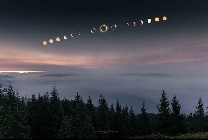 Foto compuesta de un eclipse en Oregón, por Jasman Lion Mander