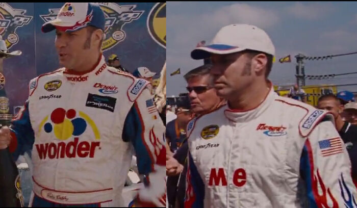 In Talladega Nights (2016) Ricky Bobby Initially Has A Sponsorship From Wonder Bread. Later, When He's Lost His Sponsor, He Resuses The "W" And "E" From "Wonder" To Spell "Me"