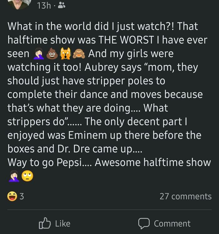 Holier Than Thou Family Take On The Half Time Show. Either A) Your Under Age Ten Kid Didn't Actually Say That, Or B) You've Already Introduced Them To Strippers. Embarrassing For Mom Either Way