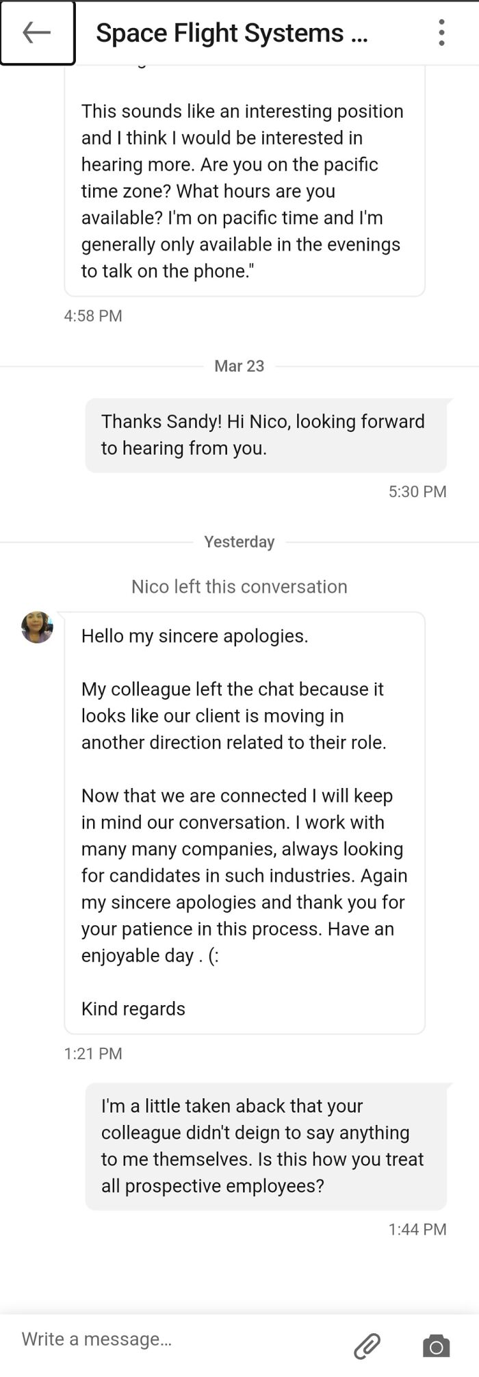 Recruiter Put Me In A Group Chat With A Enployee From The Company. The Employee Looked At My Profile And Promptly Left The Chat Without Saying A Word. Note, I Was Qualified For This Job