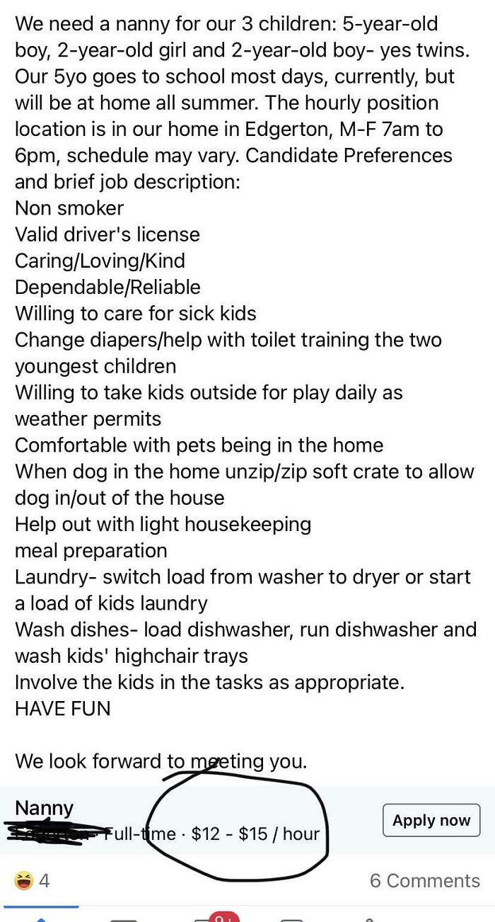 $12-15 For 11 Hours/Day With 3 Children Under 5…