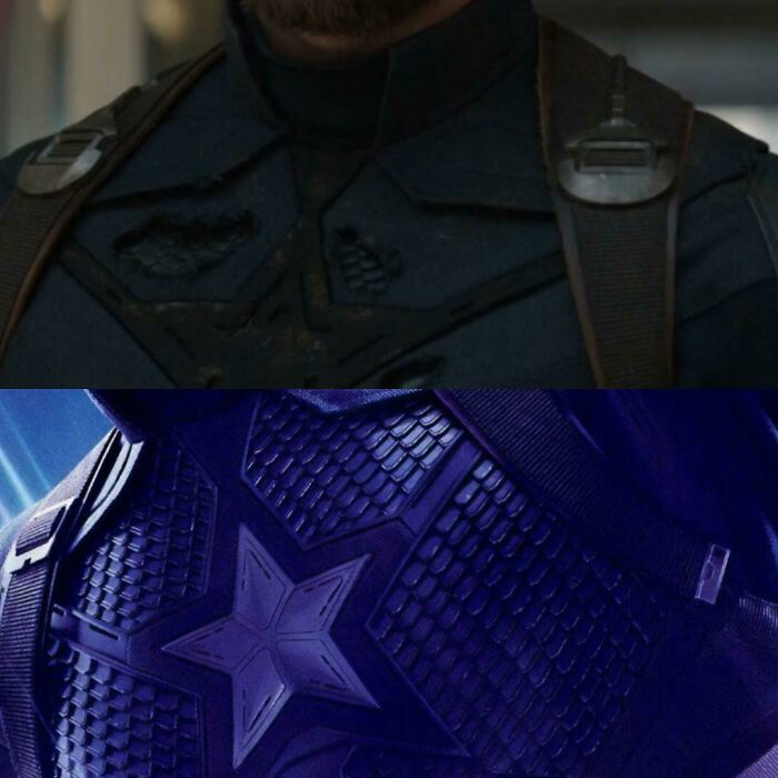 In Infinity War (2018) Cap's Suit Is Slightly Damaged Revealing The 'Scales' Used In His Outfit During Endgame (2019)