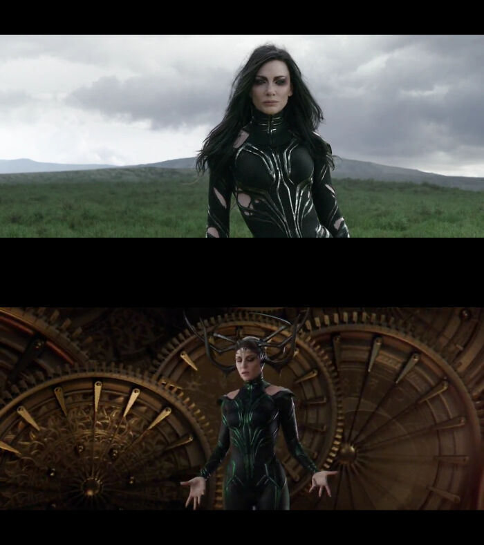 In Thor: Ragnorak Odin States That Hela Draws Her Power From Asgard. On Earth Her Costume Has Multiple Tears, Signifying Her Weakened State. When She Arrives On Asgard Her Outfit Is Now Whole And Takes On Her Traditional Green Color Scheme, Showing That She Has Regained Her Strength