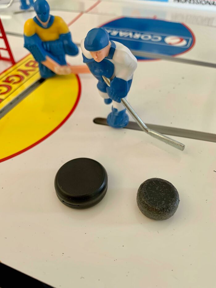 Table Hockey Puck After About Four And A Half Years Of Playing. New One On The Left For Comparison