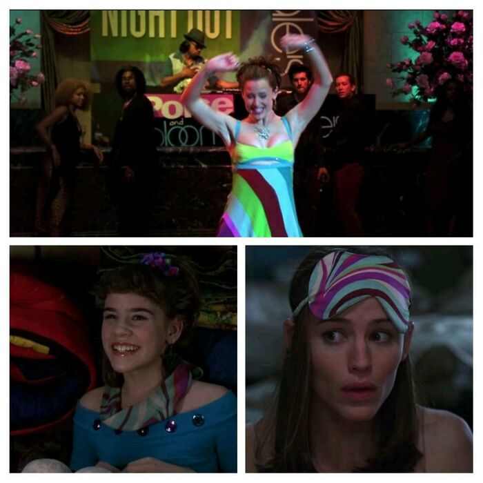 In 13 Going On 30 (2004) Jenna's Party Dress And Sleep Mask In The Future Are The Same Material As The Blindfold She Wears In The Closet During Her 7 Minutes In Heaven In The Past.