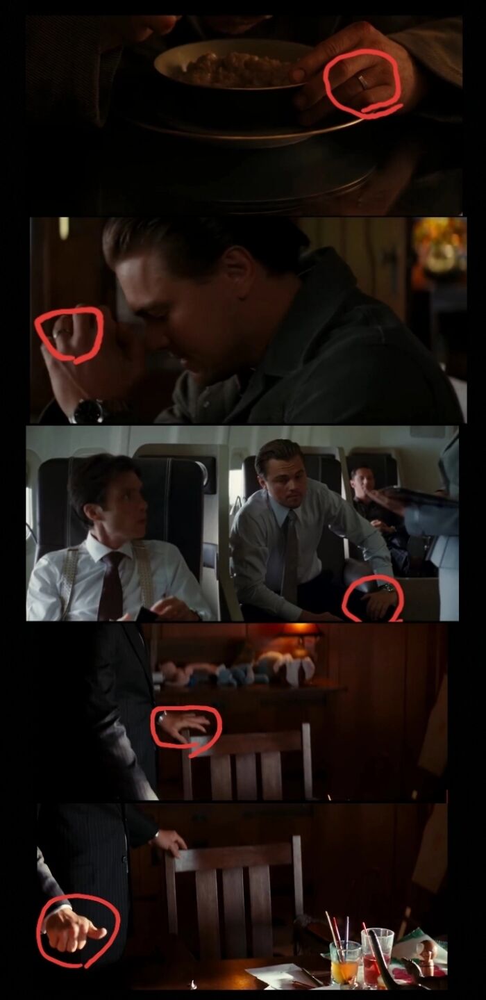 Inception (2010) The Debate Between People Regarding The Ending Of Inception, Was It Real Or Not Can Be Ended By Looking At The Wedding Ring Cobb's Wearing. In The Real World He Has No Ring Whereas The Ring Is Present In The Dreams. In The Final Scene He Has No Ring So The "Happy Ending" Is Reality