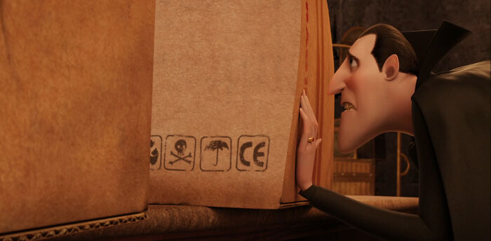 In Hotel Transylvania (2012), The Ce Symbol Displayed At 1:08:04 Is Not The Actual Conformité Européenne, But A Fake Often Used In Knockoff East Asian Exports