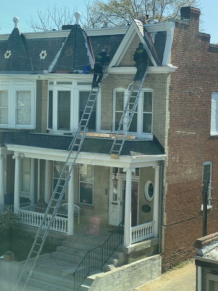Been Nervously Watching These Two Maniac Roofers On Ladders Across The Street While Working From Home Today