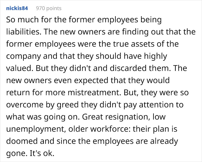 Employees With Specific Knowledge How To Use Their Machines Decide They Won’t Be Reapplying To Their Jobs After New Owners Laid Them Off