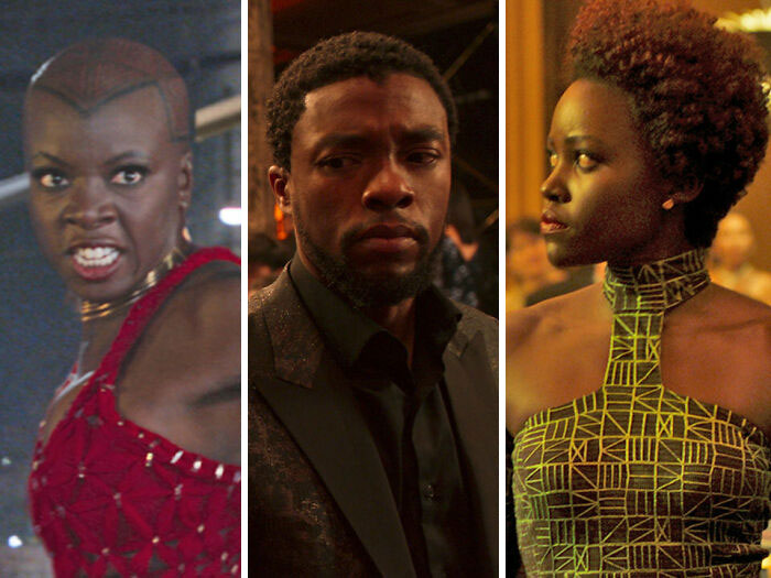 In "Black Panther" (2018), The Outfits Of T'challa, Nakia, And Okoye While They Travel To Korea Represent The Colors Of The Pan-African Flag