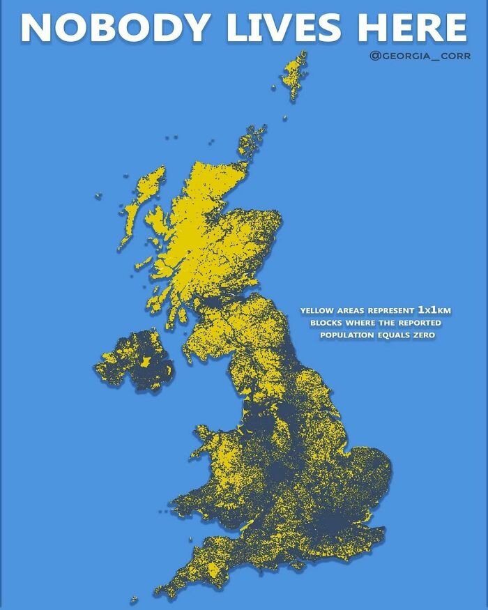 ‘Nobody Lives Here’, 1x1km Areas In The United Kingdom Where The Reported Population Equals Zero