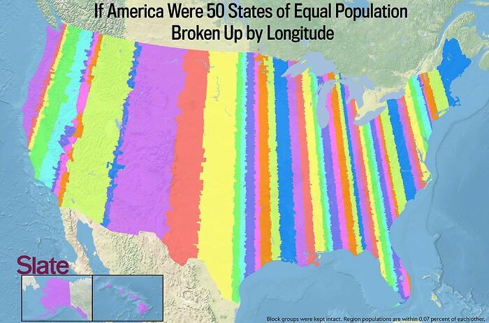 If America Were 50 States Of Equal Population Broken Up By Longitude
