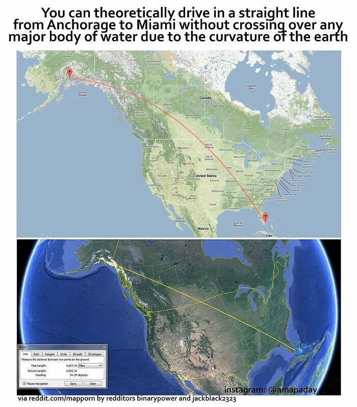 You Can Theoretically Drive In A Straight Line From Anchorage To Miami Without Crossing Over Any Major Body Of Water Due To The Curvature Of The Earth