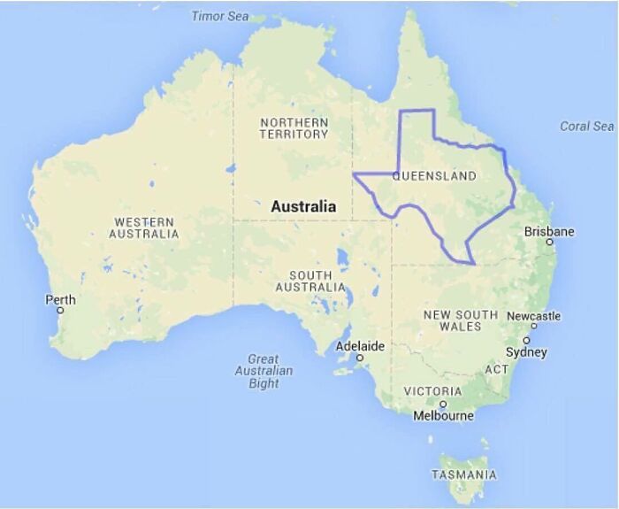 Texas Fits Into Queensland Very Neatly. (True To Scale, Corrected For Projection Distortion)