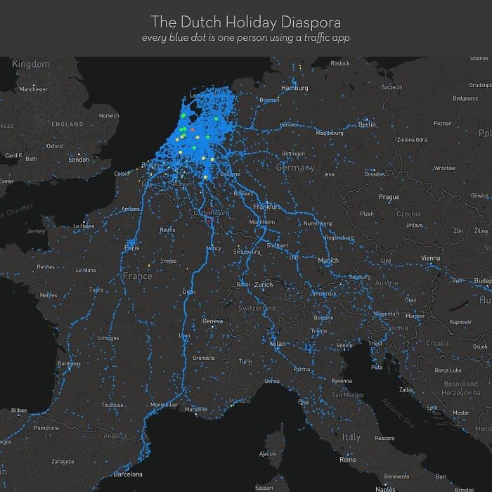 The Dutch Holiday Diaspora: A Map Of The Roads Dutch People Use For Their Holidays. Every Blue Dot Is One Person Using A Traffic App