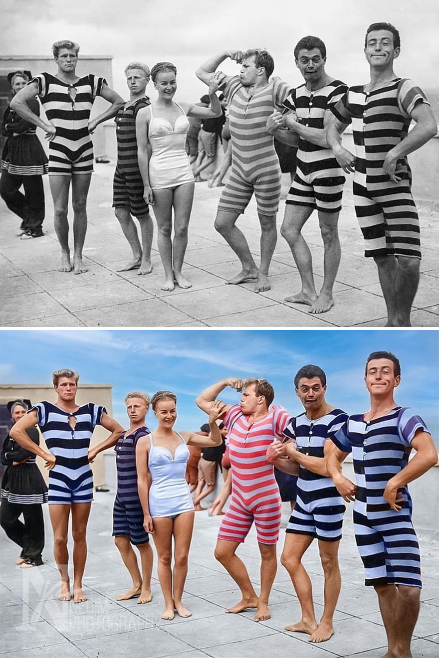 Vintage Bathing Suits, Funny Boys Flexing Muscles On The Beach. Swimsuit Print, 1950's Vintage Photo