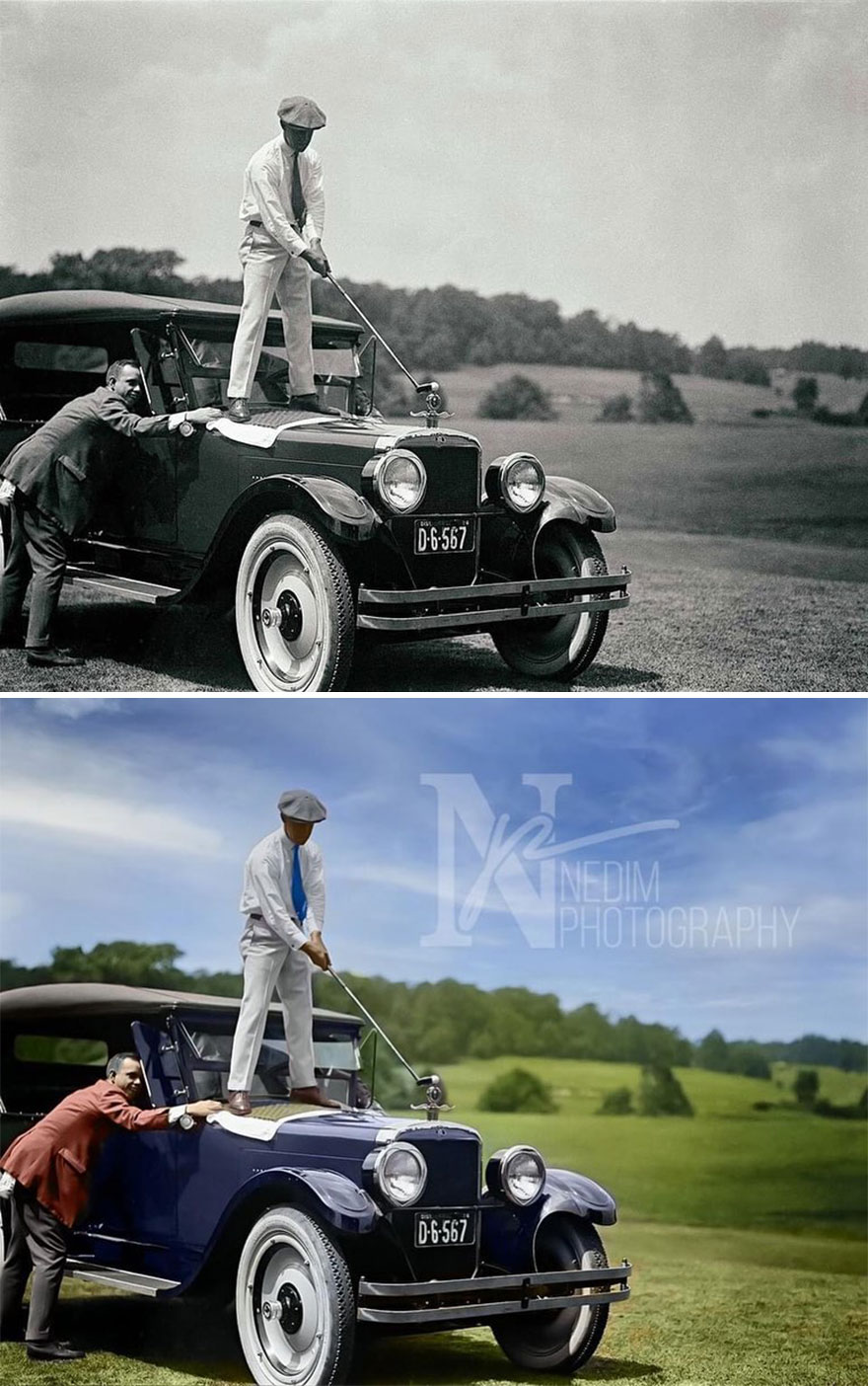 Golfer Standing On The Car. 1920's