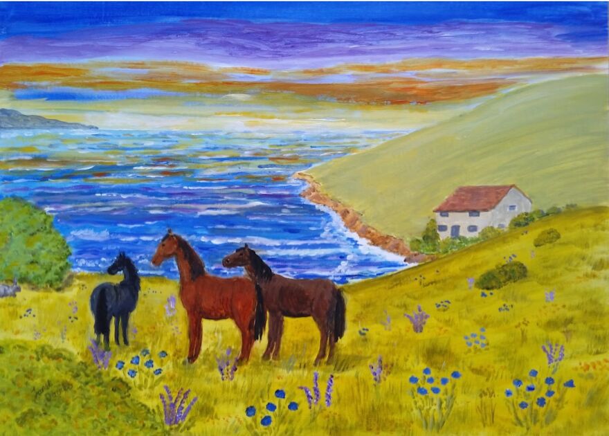 My Latest Painting, Horses Gazing At The View