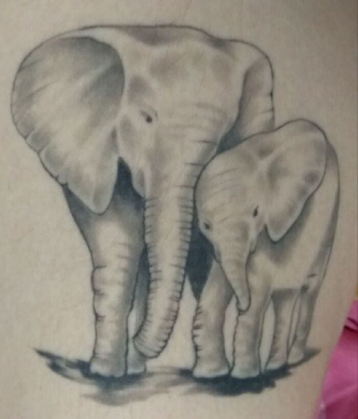 Matching Tattoos Me And My Mom Did Together, She Loves Elephants, She Haves On Her Back And I On My Thigh