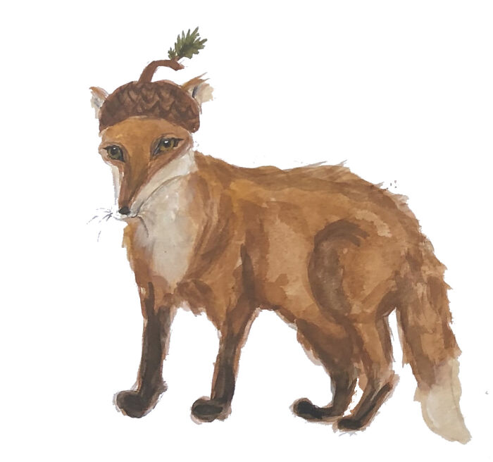 Little Fox With An Acorn Hat Watercolour