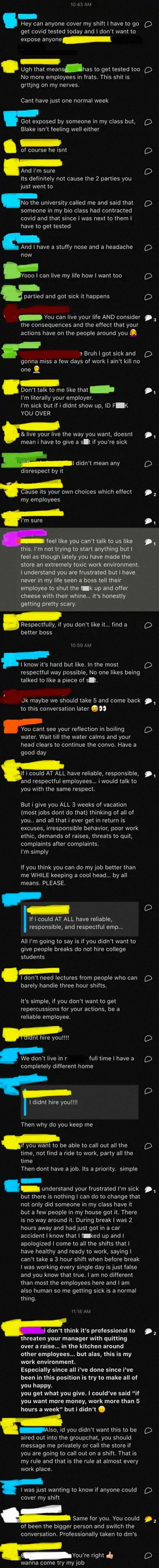 I Was Told To Post This Here. I Worked At This Store For 4 Years (Longer Than Anyone In The Entire Store) And We Recently Got A New General Manager. This Is How She (Yellow) Speaks To Us In Our Work Group Chat (I Am Purple). I Quit After This Conversation