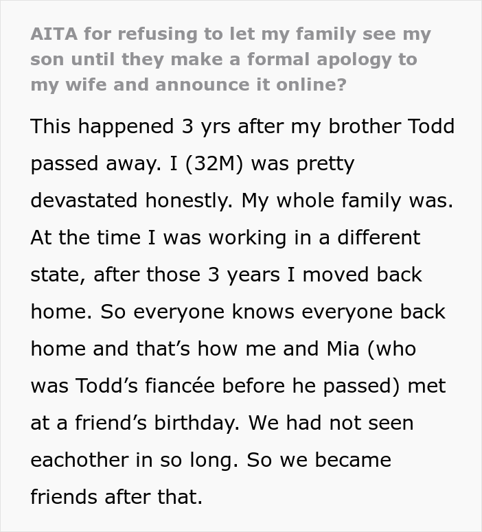 “AITA For Refusing To Let My Family See My Son Until They Make A Formal Apology To My Wife And Announce It Online?”