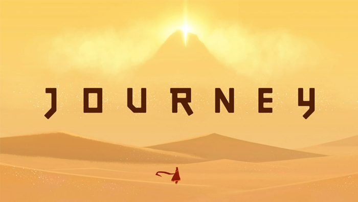 Journey game title screen with a lone robed figure crossing vast sand dunes under a bright sun, symbolizing video games that changed gaming.