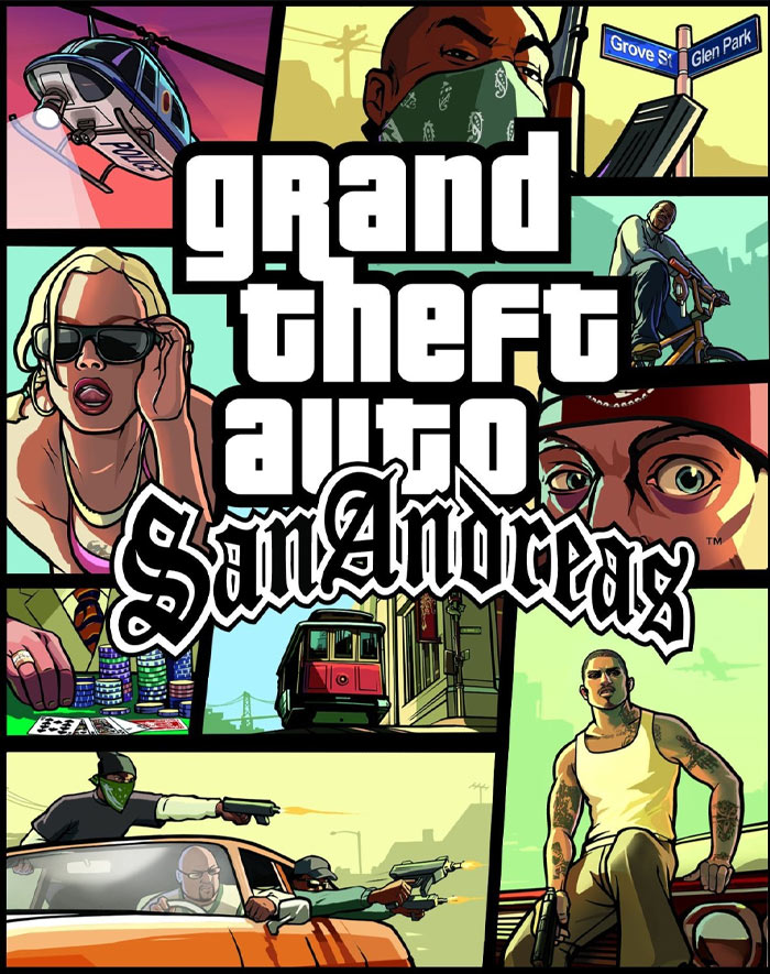 Colorful collage artwork from Grand Theft Auto San Andreas, a landmark title in video games that changed the history of gaming.