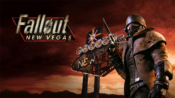 Fallout New Vegas character in armor holding a weapon with a neon welcome sign in a post-apocalyptic gaming scene.